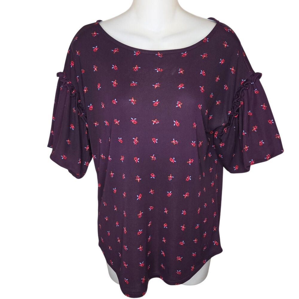 Ann Taylor Plum Floral Ruffle Flutter Sleeve Top - XS